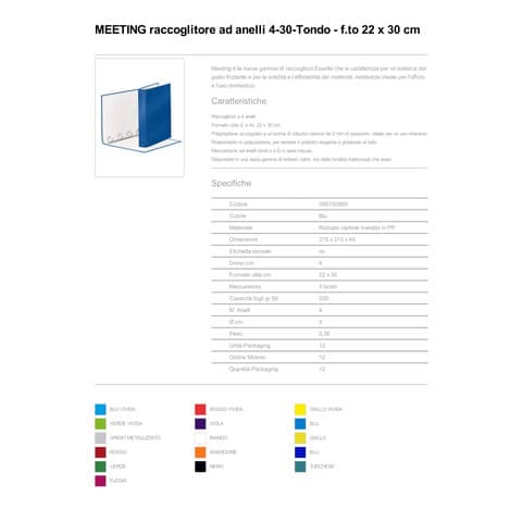 Raccoglitore Esselte Meeting a 4 anelli tondi 30mm cartone rivestito in PP blu metallizz. 22x30cm dorso 4cm - 395792960